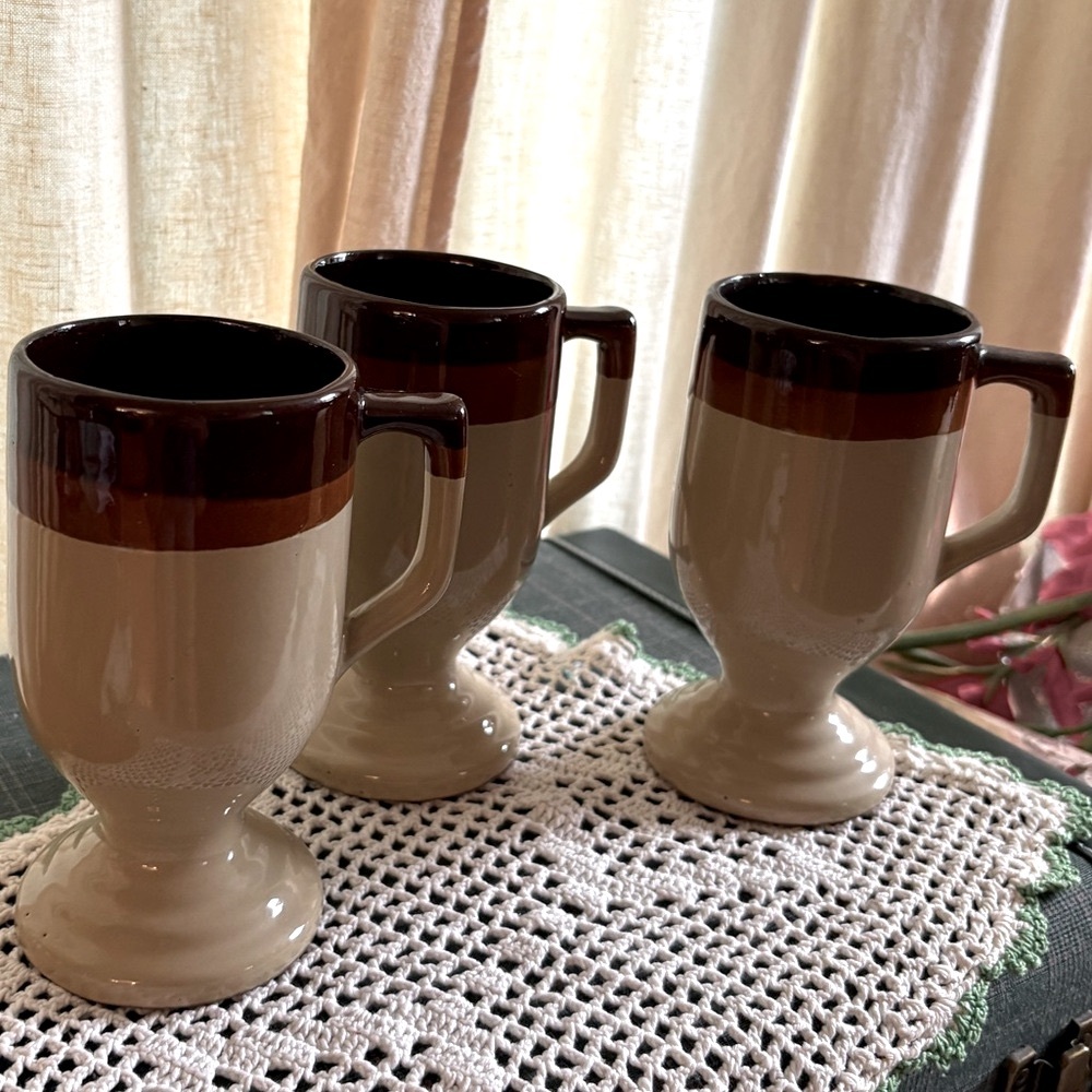 Vintage Glazed Stoneware Pottery Pedestal Footed Mugs